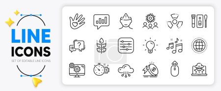 Illustration for Coronavirus, Mental health and Light bulb line icons set for app include Swipe up, Globe, Analytical chat outline thin icon. Music, Question mark, Cogwheel timer pictogram icon. Vector - Royalty Free Image
