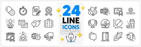 Illustration for Icons set of Yoga balance, Time management and Alarm clock line icons pack for app with Circle area, Best market, Iodine mineral thin outline icon. Article, Capsule pill, Image album pictogram. Vector - Royalty Free Image