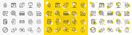 Illustration for Outline Dish plate, Selfie stick and Excise duty line icons pack for web with Mattress, Scroll down, Eye checklist line icon. Dislike, Laureate, Support pictogram icon. Money app. Vector - Royalty Free Image