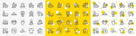 Illustration for Outline Dry t-shirt, T-shirt and Best glasses line icons pack for web with Buyer think, Baggage, Bed line icon. Dresser, Sale bags, Discounts offer pictogram icon. Wallet, Bathrobe, Shoes. Vector - Royalty Free Image