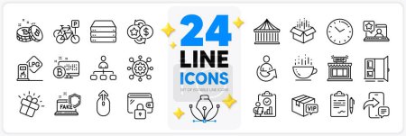 Illustration for Icons set of Fake internet, Bitcoin and Open door line icons pack for app with Carousels, Open box, Framework thin outline icon. Clipboard, Bicycle parking, Share pictogram. Time. Vector - Royalty Free Image