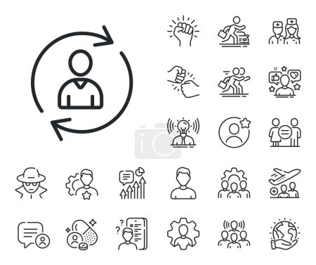 Illustration for User Profile sign. Specialist, doctor and job competition outline icons. Human Resources line icon. Person silhouette symbol. Refresh or Update sign. Person info line sign. Vector - Royalty Free Image