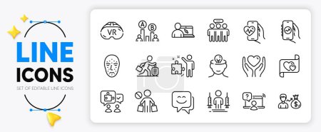 Illustration for Stop shopping, Cardio training and Coronavirus injections line icons set for app include Employees group, Mental health, Salary outline thin icon. Ab testing, Vr. Yellow 3d stars with cursor. Vector - Royalty Free Image