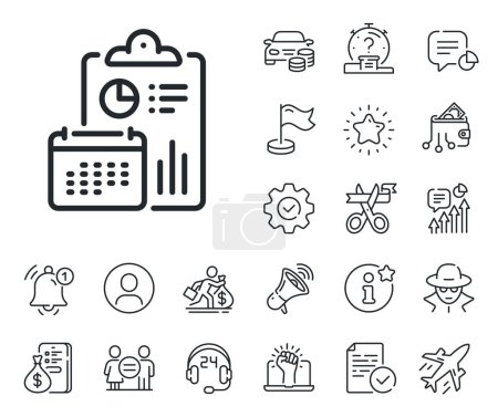 Illustration for Calculate annual report sign. Salaryman, gender equality and alert bell outline icons. Accounting calendar line icon. Budget planner symbol. Report line sign. Spy or profile placeholder icon. Vector - Royalty Free Image