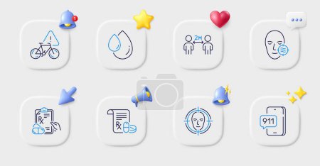 Illustration for Medical prescription, Social distancing and Oil drop line icons. Buttons with 3d bell, chat speech, cursor. Pack of Face detect, Emergency call, Bike attention icon. Vector - Royalty Free Image