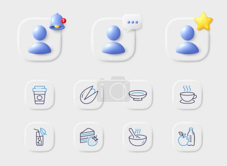 Illustration for Cake, Water glass and Healthy food line icons. Placeholder with 3d star, reminder bell, chat. Pack of Cook, Takeaway coffee, Dish icon. Pistachio nut, Cappuccino pictogram. Vector - Royalty Free Image