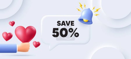Illustration for Save 50 percent off tag. Neumorphic background with speech bubble. Sale Discount offer price sign. Special offer symbol. Discount speech message. Banner with 3d hearts. Vector - Royalty Free Image