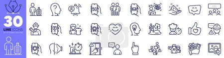 Illustration for Psychology, Clean shirt and Fishing place line icons pack. Face id, Mental health, Dont touch web icon. People talking, Skin care, Builder warning pictogram. Users chat, Like hand. Vector - Royalty Free Image