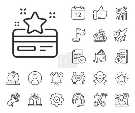 Illustration for Bonus points. Salaryman, gender equality and alert bell outline icons. Loyalty card line icon. Discount program symbol. Loyalty card line sign. Spy or profile placeholder icon. Vector - Royalty Free Image