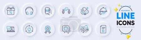 Illustration for Mail app, Discount offer and Friends chat line icons for web app. Pack of Idea, Search flight, Medicine price pictogram icons. Cooking hat, Consulting business, Headphones signs. Vector - Royalty Free Image