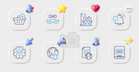 Illustration for Father day, Information bell and Building line icons. Buttons with 3d bell, chat speech, cursor. Pack of Internet document, Add purchase, Ssd icon. Cogwheel, Internet notification pictogram. Vector - Royalty Free Image