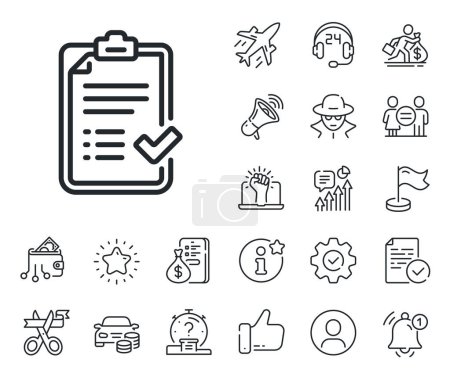 Illustration for Accepted or confirmed sign. Salaryman, gender equality and alert bell outline icons. Approved checklist line icon. Report symbol. Approved checklist line sign. Spy or profile placeholder icon. Vector - Royalty Free Image