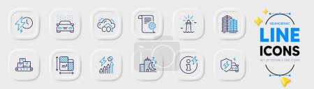 Illustration for Lighthouse, Electricity consumption and Night city line icons for web app. Pack of Power info, Co2, Skyscraper buildings pictogram icons. Floor plan, Charging time, Wholesale goods signs. Vector - Royalty Free Image