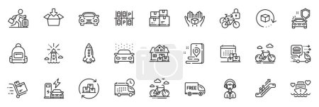 Illustration for Icons pack as Bicycle lockers, Parking place and Lighthouse line icons for app include Car, Car secure, Get box outline thin icon web set. Home moving, Food delivery, Return package pictogram. Vector - Royalty Free Image