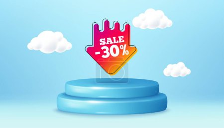 Illustration for Sale 30 percent off sticker. Winner podium 3d base. Product offer pedestal. Discount banner shape. Coupon arrow icon. Sale 30 percent promotion message. Background with 3d clouds. Vector - Royalty Free Image