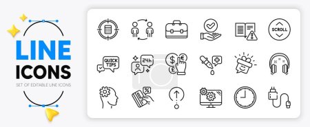 Illustration for Headphones, Settings and Money currency line icons set for app include Portfolio, Approved checkbox, Consulting outline thin icon. Engineering, Scroll down, Credit card pictogram icon. Vector - Royalty Free Image