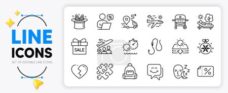 Illustration for Passenger, Backpack and Delivery line icons set for app include Broken heart, Tanning time, Puzzle outline thin icon. Christmas ball, Discount banner, Airplane travel pictogram icon. Vector - Royalty Free Image