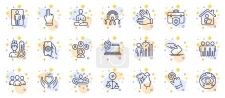 Illustration for Outline set of Recruitment, Computer fingerprint and App settings line icons for web app. Include Cyber attack, Thermometer, Medical insurance pictogram icons. Discrimination. Vector - Royalty Free Image
