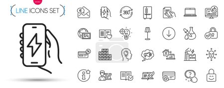 Illustration for Pack of Electricity factory, Full rotation and Work home line icons. Include Scroll down, Approved documentation, Charging app pictogram icons. Repair document, Face biometrics, Lock signs. Vector - Royalty Free Image