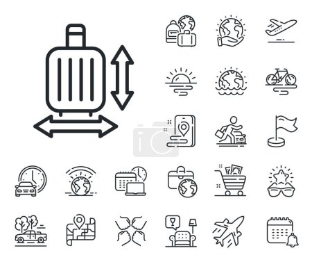 Illustration for Hand luggage dimensions sign. Plane jet, travel map and baggage claim outline icons. Carry-on baggage size line icon. Travel carry-on bag symbol. Baggage size line sign. Vector - Royalty Free Image