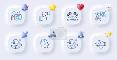 Illustration for Copper mineral, Electronic thermometer and Volunteer line icons. Buttons with 3d bell, chat speech, cursor. Pack of Clean hands, Difficult stress, Vitamin b6 icon. Stress pictogram. Vector - Royalty Free Image