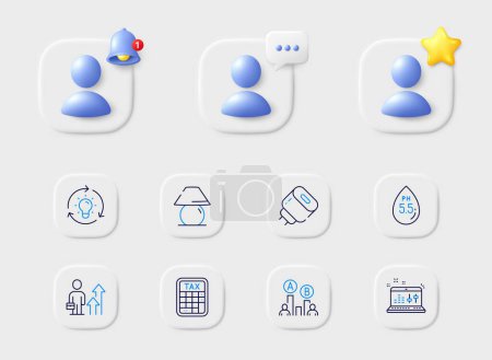 Illustration for Business results, Charging adapter and Ab testing line icons. Placeholder with 3d star, reminder bell, chat. Pack of Ph neutral, Idea, Tax calculator icon. Table lamp, Sound check pictogram. Vector - Royalty Free Image