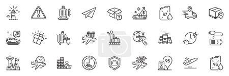 Illustration for Icons pack as Baggage cart, 48 hours and Inventory line icons for app include Search flight, Warning, Cash transit outline thin icon web set. Plane, Gift, Battery pictogram. Vector - Royalty Free Image