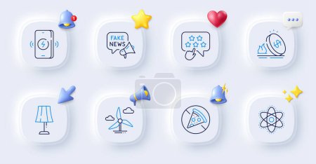 Illustration for Windmill turbine, Prohibit food and Table lamp line icons. Buttons with 3d bell, chat speech, cursor. Pack of Ranking star, Gas price, Wireless charging icon. Vector - Royalty Free Image