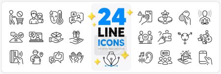 Illustration for Icons set of Hold smartphone, Dont touch and Hold box line icons pack for app with Contactless payment, Loyalty program, Medical help thin outline icon. Like, Equality, Genders pictogram. Vector - Royalty Free Image