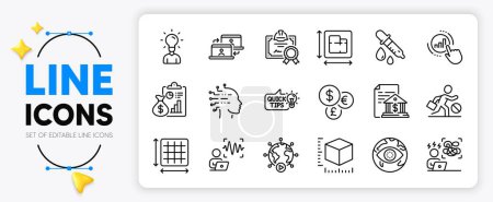 Illustration for Floor plan, Package size and Chemistry pipette line icons set for app include Bank document, Education, Report outline thin icon. Square area, Video conference, Money currency pictogram icon. Vector - Royalty Free Image