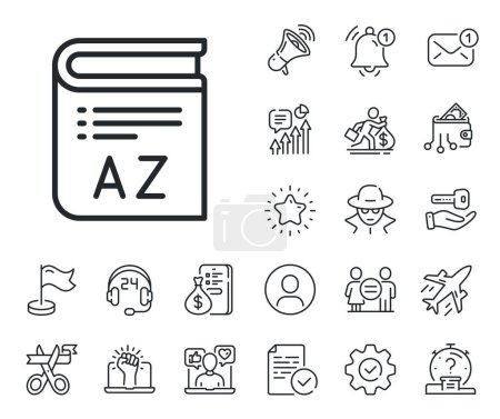 Illustration for Book glossary sign. Salaryman, gender equality and alert bell outline icons. Vocabulary line icon. Vocabulary line sign. Spy or profile placeholder icon. Online support, strike. Vector - Royalty Free Image