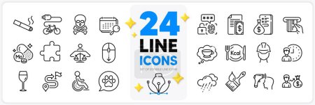 Illustration for Icons set of Scroll down, Working hours and Salary line icons pack for app with Journey, Electronic thermometer, Smoking thin outline icon. Puzzle, Payment, Electric bike pictogram. Vector - Royalty Free Image