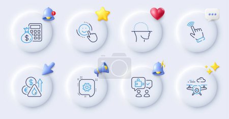 Illustration for Cogwheel, Puzzle and Smile line icons. Buttons with 3d bell, chat speech, cursor. Pack of Fuel price, Finance calculator, Cursor icon. Face scanning, Drone pictogram. For web app, printing. Vector - Royalty Free Image