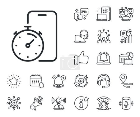 Illustration for Stopwatch time sign. Place location, technology and smart speaker outline icons. Timer app line icon. Phone countdown clock symbol. Timer app line sign. Influencer, brand ambassador icon. Vector - Royalty Free Image