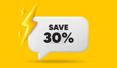 Illustration for Save 30 percent off tag. 3d speech bubble banner with power energy. Sale Discount offer price sign. Special offer symbol. Discount chat speech message. 3d offer talk box. Vector - Royalty Free Image