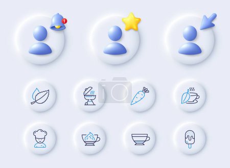 Illustration for Carrot, Cooking chef and Mint leaves line icons. Placeholder with 3d cursor, bell, star. Pack of Ice cream, Dry cappuccino, Mint tea icon. Grill, Espresso cream pictogram. Vector - Royalty Free Image