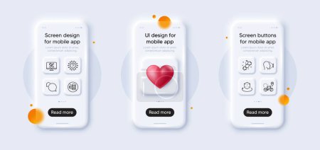 Illustration for Chemical formula, No cash and Face id line icons pack. 3d phone mockups with heart. Glass smartphone screen. Augmented reality, Messenger, Bike delivery web icon. Vector - Royalty Free Image