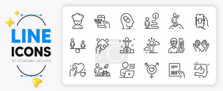Illustration for Thermometer, Smartphone holding and Like line icons set for app include Eco bike, Genders, Parcel invoice outline thin icon. Depression treatment, Shop app, Winner pictogram icon. Vector - Royalty Free Image