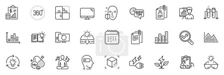 Illustration for Icons pack as Electricity plug, Report and Diagram graph line icons for app include Presentation board, Weariness, Puzzle outline thin icon web set. Idea, Manganese mineral. Vector - Royalty Free Image