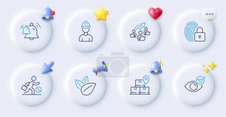 Illustration for Organic product, Delivery service and Check eye line icons. Buttons with 3d bell, chat speech, cursor. Pack of Jobless, Teamwork chart, Lock icon. Bell, Foreman pictogram. Vector - Royalty Free Image