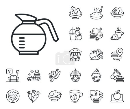 Illustration for Coffee Hot drink sign. Crepe, sweet popcorn and salad outline icons. Coffeepot line icon. Brewed fresh beverage symbol. Coffeepot line sign. Pasta spaghetti, fresh juice icon. Supply chain. Vector - Royalty Free Image