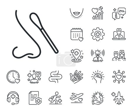 Illustration for Nose with cotton swab sign. Online doctor, patient and medicine outline icons. Nasal swab test line icon. Coronavirus testing symbol. Nasal test line sign. Vector - Royalty Free Image