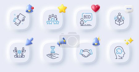 Illustration for Teamwork, Time hourglass and Employees handshake line icons. Buttons with 3d bell, chat speech, cursor. Pack of Winner cup, Auction, Mental conundrum icon. Vector - Royalty Free Image