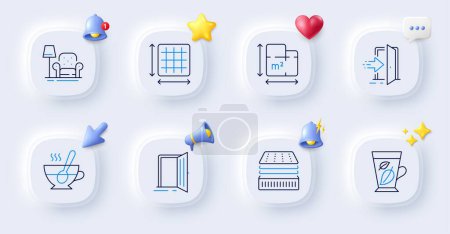 Illustration for Mint leaves, Tea cup and Open door line icons. Buttons with 3d bell, chat speech, cursor. Pack of Deluxe mattress, Floor plan, Entrance icon. Armchair, Square area pictogram. Vector - Royalty Free Image