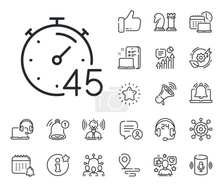 Illustration for Stopwatch time sign. Place location, technology and smart speaker outline icons. Timer 45 minutes line icon. Countdown clock symbol. Timer line sign. Influencer, brand ambassador icon. Vector - Royalty Free Image
