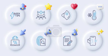 Illustration for Inspect, Internet and Low thermometer line icons. Buttons with 3d bell, chat speech, cursor. Pack of Medical mask, Article, Augmented reality icon. Quickstart guide, Medical staff pictogram. Vector - Royalty Free Image