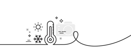 Illustration for Weather thermometer line icon. Continuous one line with curl. Winter snowflake, sun sign. Temperature symbol. Weather thermometer single outline ribbon. Loop curve pattern. Vector - Royalty Free Image