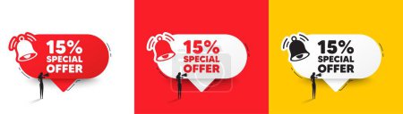 Illustration for 15 percent discount offer tag. Speech bubbles with bell and woman silhouette. Sale price promo sign. Special offer symbol. Discount chat speech message. Woman with megaphone. Vector - Royalty Free Image