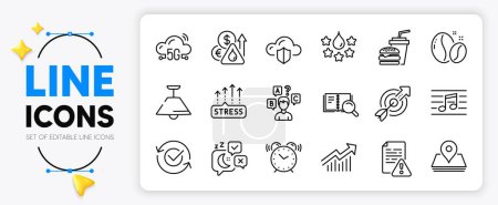 Illustration for Sleep, Search book and Hamburger line icons set for app include Approved, Ceiling lamp, Quality outline thin icon. Demand curve, Target, Musical note pictogram icon. 5g cloud. Vector - Royalty Free Image