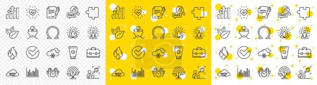 Illustration for Outline Verify, Sunscreen and Analysis graph line icons pack for web with Music, Portfolio, Puzzle line icon. Flammable fuel, Mental health, Quick tips pictogram icon. Yoga. Vector - Royalty Free Image